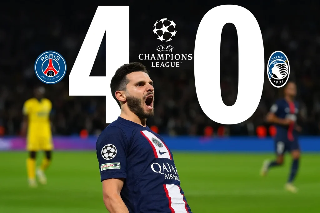 Marquinhos merayakan gol cepat di Parc des Princes dalam kemenangan 4-0 PSG atas Atalanta.