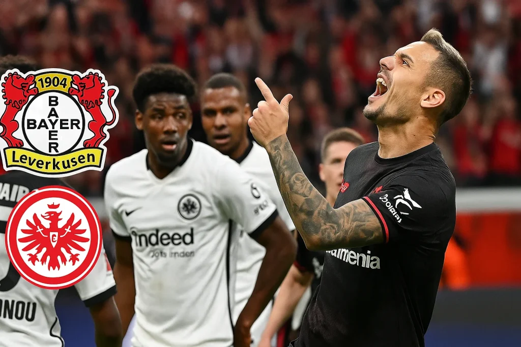Alejandro Grimaldo mengambil tendangan bebas di laga Leverkusen vs Eintracht Frankfurt, yang menjadi kunci kemenangan.”
